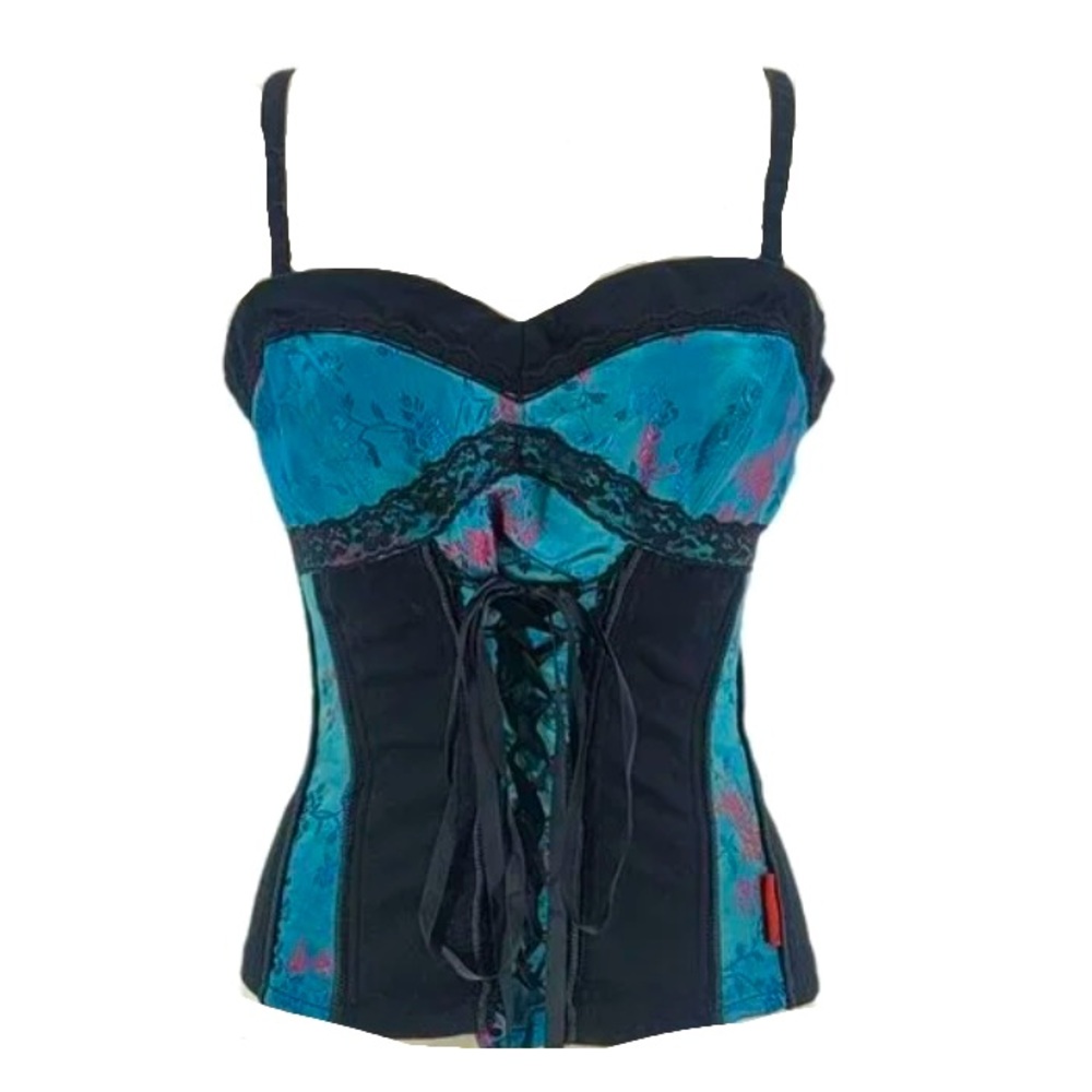 🌸Vintage Tripp NYC Satin Pink Floral Blue Black Corset HotTopic Goth Grunge Y2K